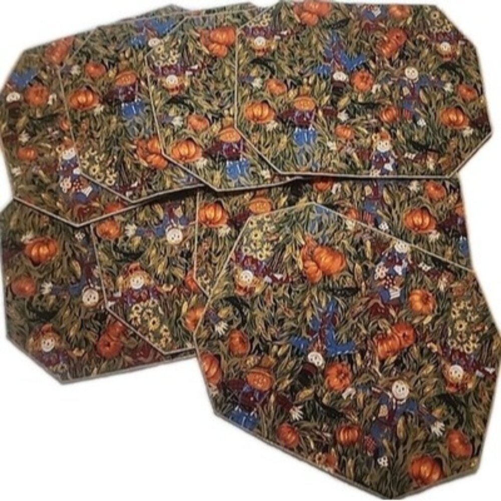 Scarecrow Pumpkin Fabric Placemats Set of 8 Fall Halloween Thanksgiving Decor‎